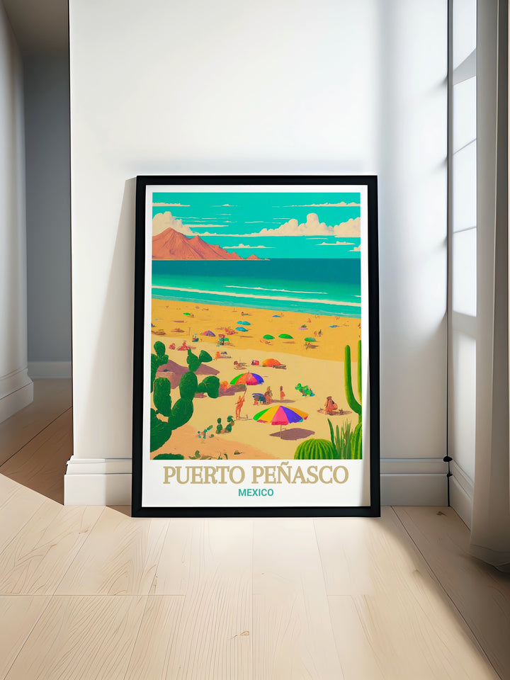 Travel print of Playa Bonita in Puerto Peñasco, highlighting the peaceful shoreline and crystal clear waters. This artwork brings the tranquil ambiance of this Mexican beach into your living space, offering a serene and calming presence.