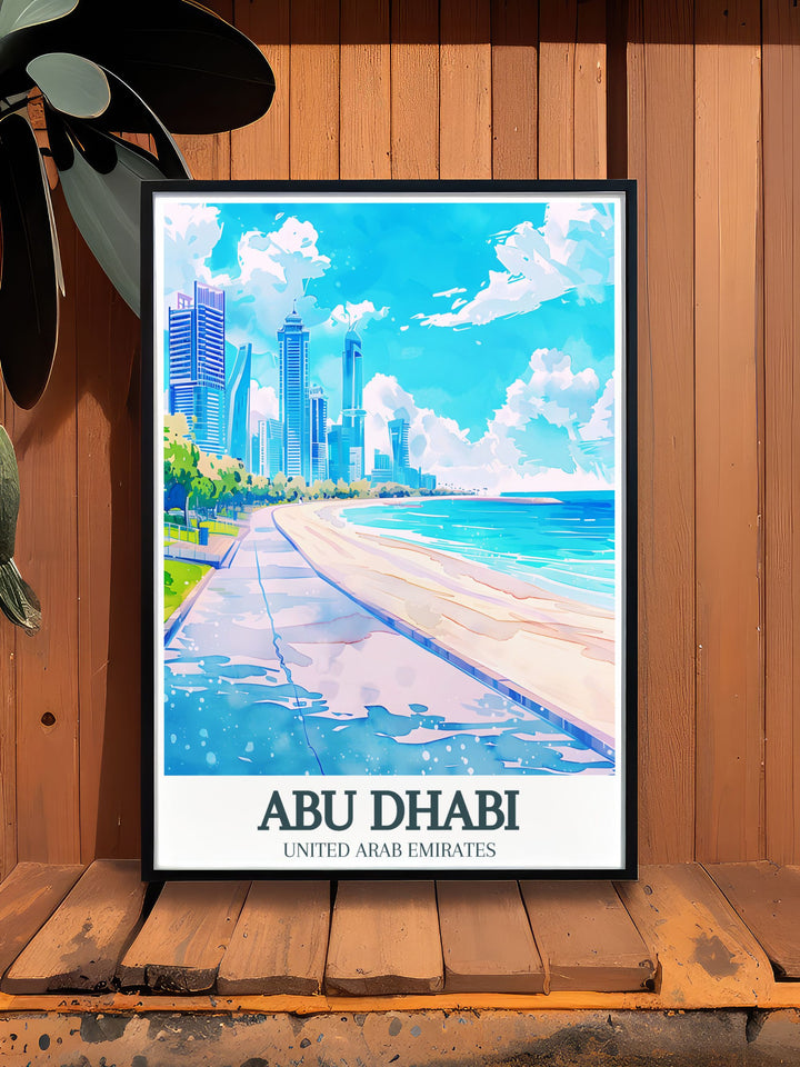 Detailed art print of Abu Dhabi Corniche and Corniche beach. This poster captures the architectural elegance and natural beauty of the waterfront, perfect for adding a sophisticated touch to your home decor. A must have for fans of Emirates landmarks.