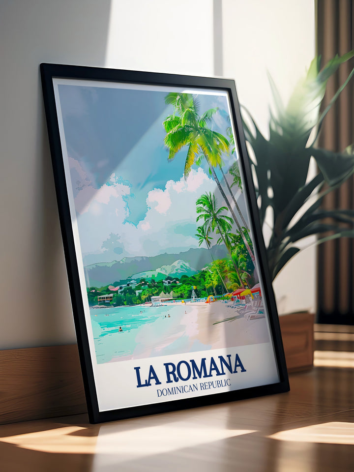 Stunning Saona Island and Caribbean Sea artwork, showcasing the vibrant turquoise waters and white sands of La Romanas coastal charm. This print is perfect for bringing a touch of the Caribbean to your living space, with rich colors and detailed landscapes that transport you to the islands.