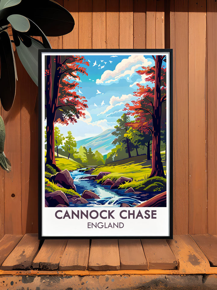Sherbrook Valley artwork captures the essence of Cannock Chase in Staffordshire. This print is perfect for nature lovers and outdoor enthusiasts highlighting the serene beauty of the English woodland. Add this elegant piece to your home decor collection today.