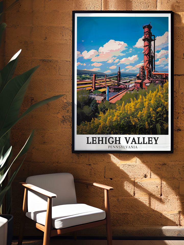 Lehigh Valley art print that highlights the regions natural beauty and historical significance. This travel poster is ideal for home decor or as a personalized gift for anyone who appreciates the scenic landscapes and cultural richness of Pennsylvanias Lehigh Valley.