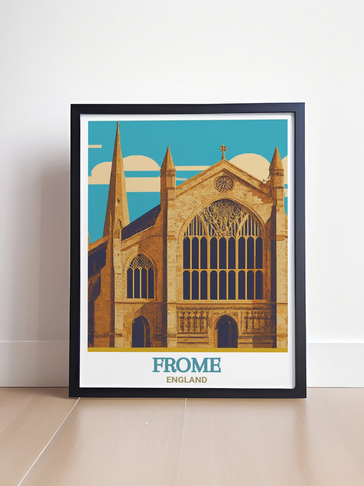 Frome poster print featuring St. John the Baptist Church, an iconic historic site in England. This travel print captures the beauty of Fromes architecture and heritage, making it a perfect addition to UK wall art collections or as a thoughtful England travel gift.