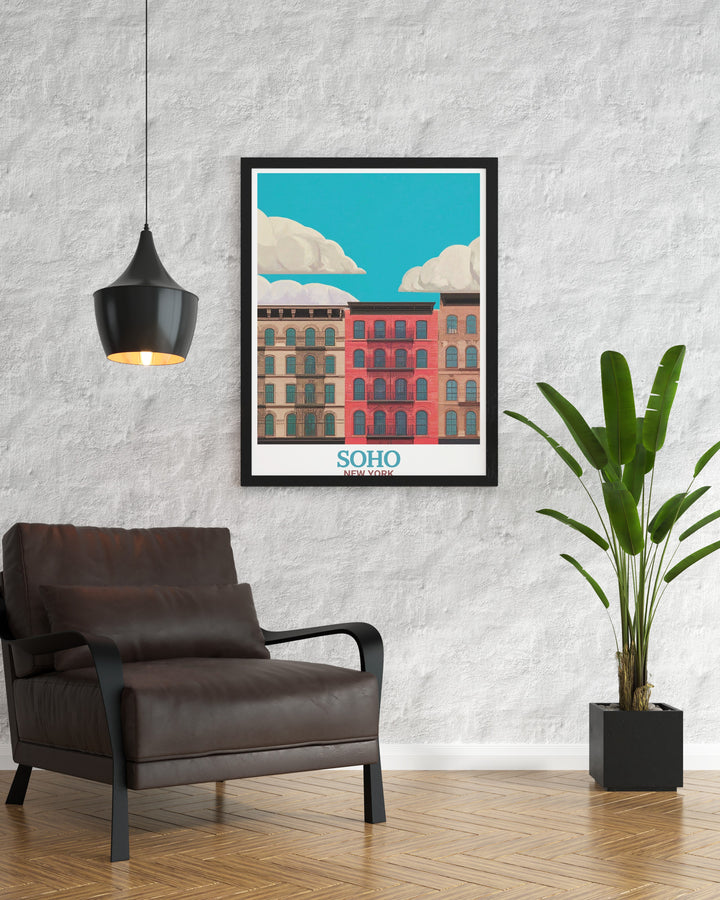 This art print of Londons Soho and the famous Palladium Theatre showcases the architectural splendor of the Cast Iron District. The travel prints elegant design makes it a perfect gift for lovers of London history, theatre, or architecture.