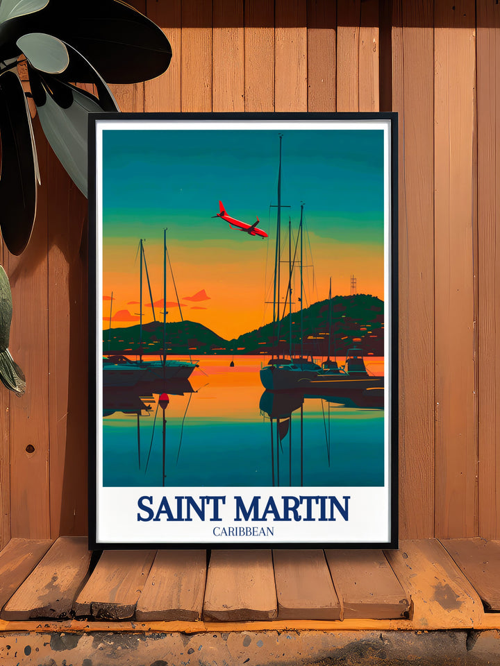 This art print features the iconic Maho Beach in Saint Martin, known for its thrilling low flying planes, and the serene waters of Marigot Bay. A beautiful addition to any Caribbean inspired space, this print captures both excitement and calm in one piece.