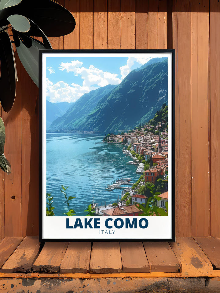 Lake Como Artwork depicting the serene Lake Como waterfront with Menaggio an excellent choice for Italy wall art enthusiasts and elegant home decor