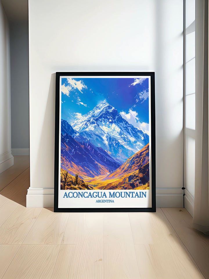 This vintage travel print showcases Aconcagua Mountain in Mendoza Argentina capturing the stunning landscapes of the Andes perfect for adding a touch of adventure to your home decor.