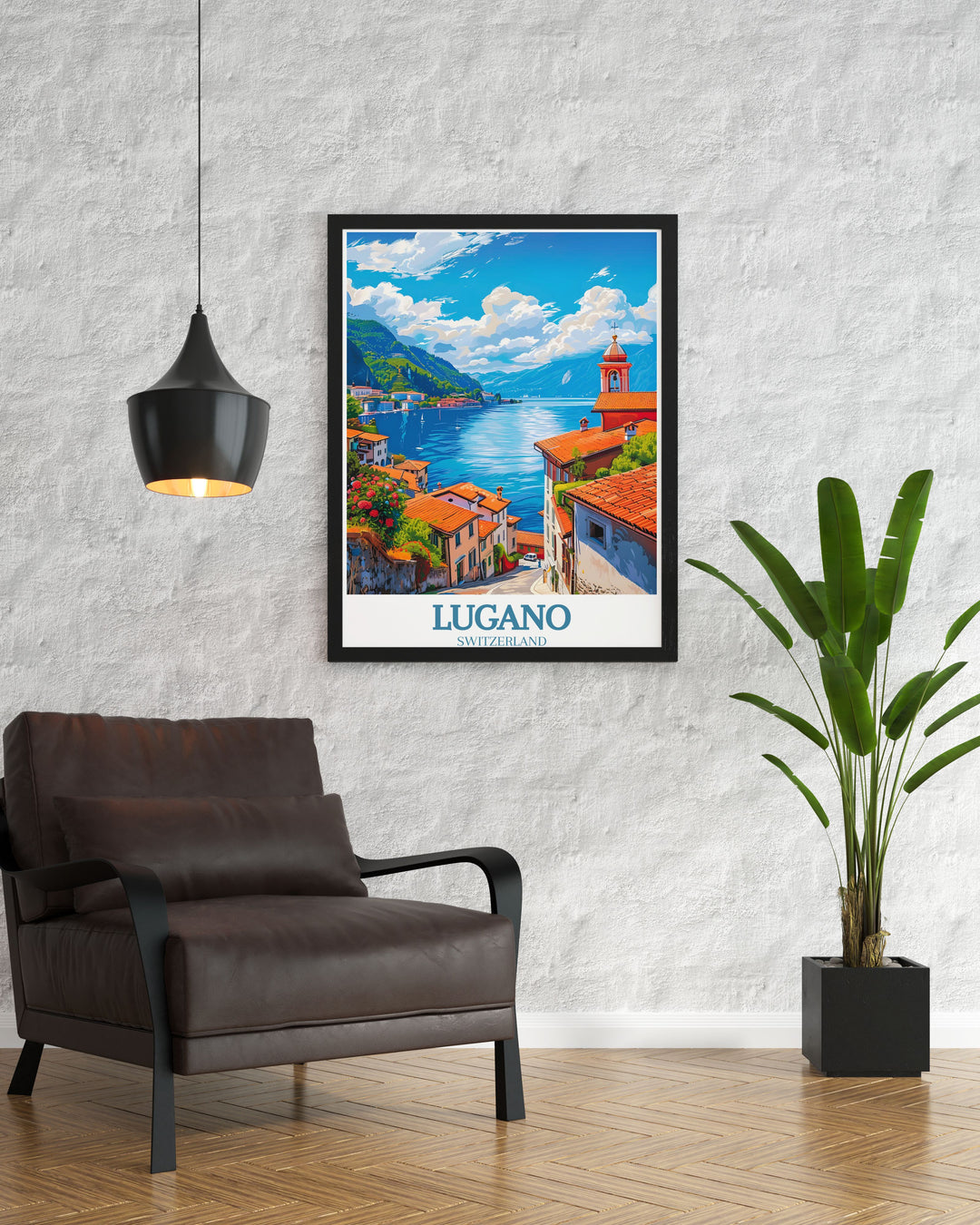 Capturing the tranquil beauty of Lake Lugano, this travel poster brings the serene ambiance of the Swiss Alps into your living space. Ideal for those who appreciate peaceful settings.