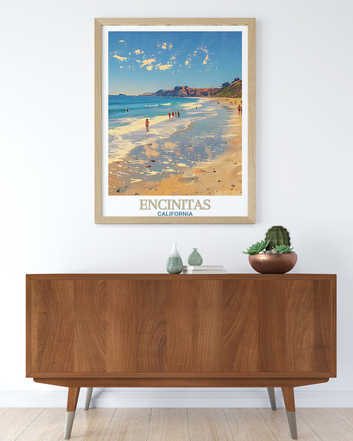 Encinitas poster print features the sun soaked shores of Moonlight State Beach, capturing the iconic surf culture and laid back coastal lifestyle of Southern California. This vibrant California travel print is the perfect addition to any room and makes an ideal gift for beach lovers and adventurers.