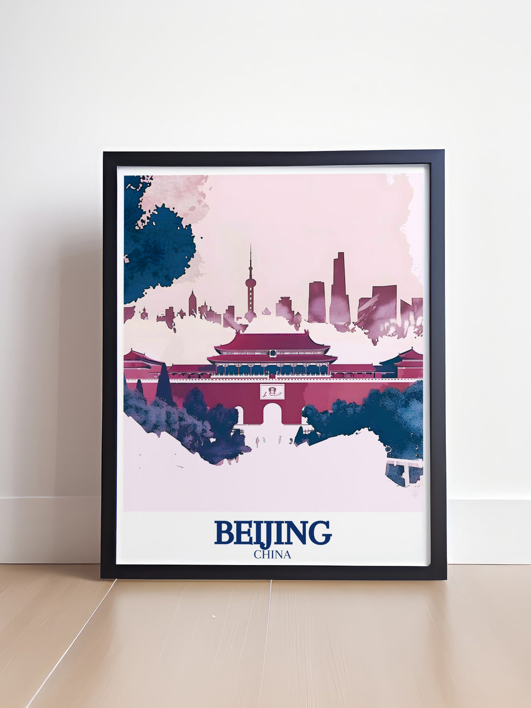 Beijing Custom Print featuring the rich cultural and architectural heritage of Chinas capital city, with a focus on the Forbidden City and the modern skyline. The artwork brings out the best of Beijings history and modernity, making it an excellent choice for art lovers and travelers