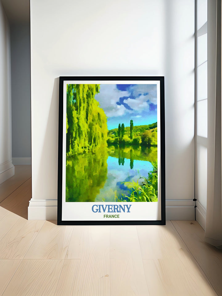 a painting of a river in aThis Giverny poster print captures the timeless beauty of the Seine River and Claude Monets gardens in France. The artwork beautifully reflects the serenity of Giverny and the flowing Seine, making it a perfect piece for any art lovers collection.