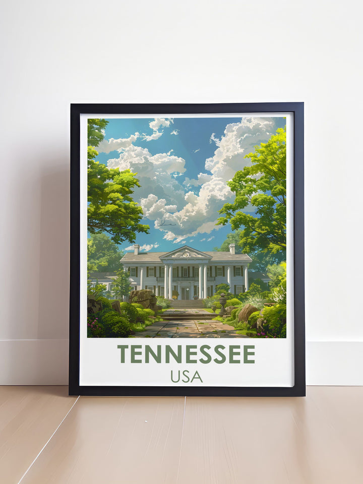 USA Travel Poster featuring the Ryman Auditorium in Nashville Tennessee. This Country Music Art captures the essence of Music City making it a great addition to any home decor and a thoughtful gift for fans of Graceland Digital prints and country music history.