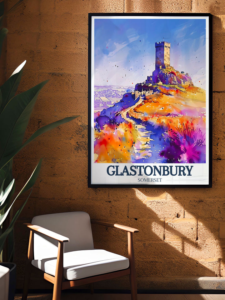Charming Glastonbury Tor art featuring St. Michaels tower and Somerset levels ideal for UK wall prints enthusiasts and those seeking unique Glastonbury decor or England travel gifts to add elegance to their home decor.