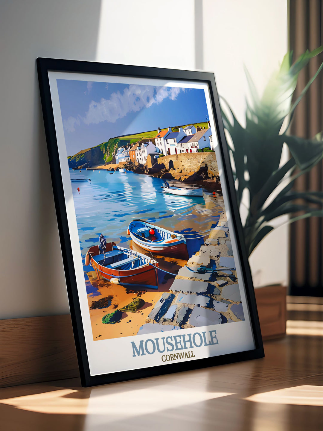 Beautiful Mousehole Wall Art featuring Mousehole Harbour in Cornwall perfect for home decor and as a gift for Cornwall lovers a detailed and vibrant illustration capturing the beauty of this coastal village