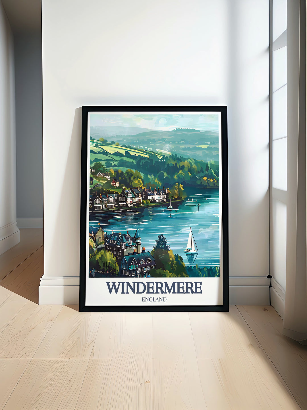 Bowness on Windermere Orrest Head vintage travel poster featuring Lake Windermere with scenic landscapes and tranquil waters ideal for elegant home decor