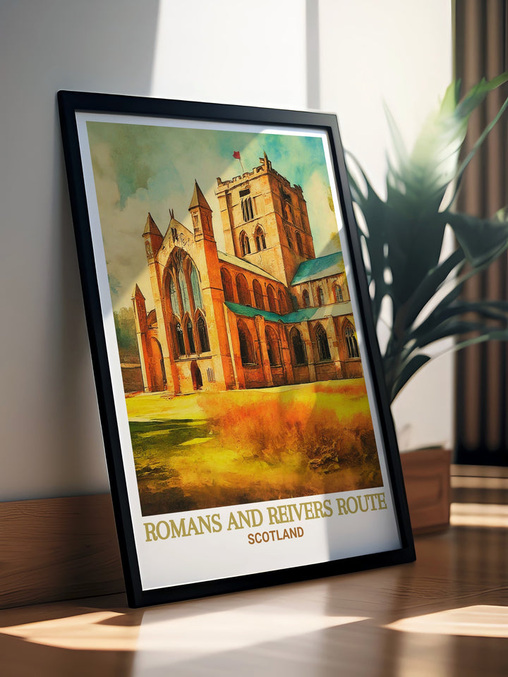 This framed print of Hexham Abbey and the Reivers Route is perfect for adding a touch of Scotland to your home decor a stunning addition for those who appreciate Scottish hiking art and love the beauty of National Park posters and vintage travel prints.