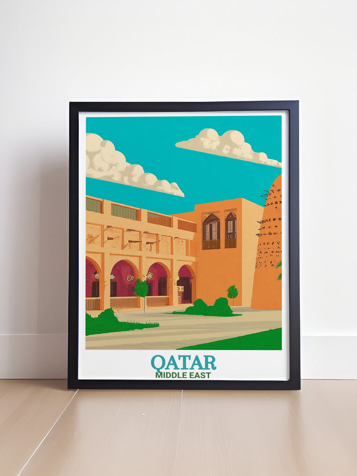 Vivid Qatar poster featuring the Katara Cultural Village, one of the Middle Easts most famous landmarks. The intricate architecture and vibrant colors make this wall art a unique and sophisticated addition to any interior space.