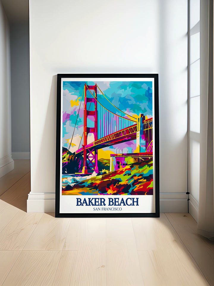 Baker Beach Custom Print featuring the golden sands, ocean views, and iconic structures of San Franciscos Baker Beach. The artwork brings out the best of Californias coastal beauty, making it an excellent choice for those who appreciate the serenity and charm of beach landscapes