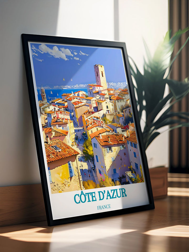 Framed art print of the Old Town of Antibes, Côte dAzur, France, capturing the regions coastal charm. The artwork showcases the stunning Mediterranean views, historic architecture, and vibrant market scenes, making it a striking addition to any art collection.