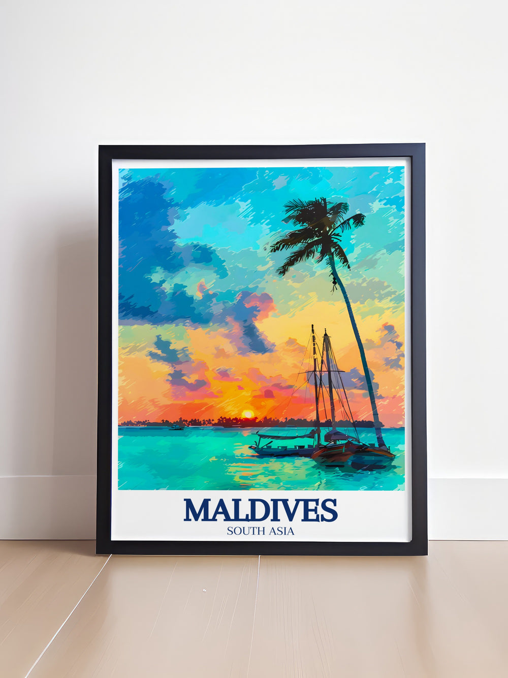 Indian Ocean Travel Poster featuring the tranquil waters and pristine beaches of Velassaru Island, with Maldivian Dhoni boats adding a touch of local charm. This poster is an excellent choice for travelers and dreamers who want to bring the beauty of the Maldives into their living space.