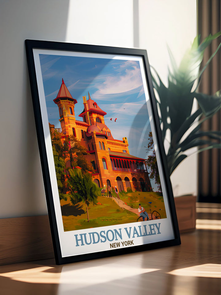 Hudson Valley travel poster featuring Olana State Historic Site with a striking black and white design this elegant art print is perfect for creating stunning living room decor and makes a great gift for anyone who loves Hudson Valley architecture or enjoys thoughtful home decorations.