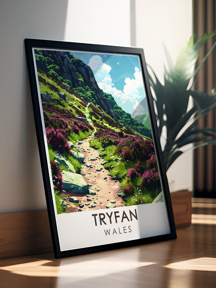 British railway art style print of Snowdonia featuring Heather Terrace and Mount Snowdon ideal for creating an elegant living room decor