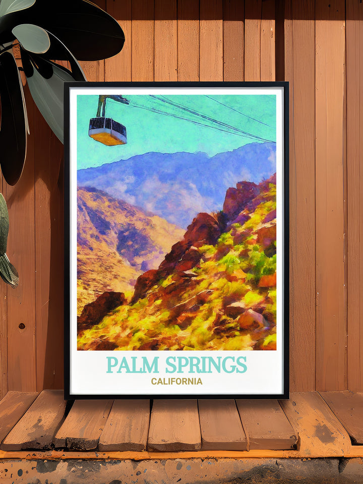 Palm Springs wall art showcasing the Yellow Hotel and the majestic Palm Springs Aerial Tramway. This artwork brings the lively spirit and stunning beauty of Palm Springs into your living space, providing a stylish and elegant addition to any room.