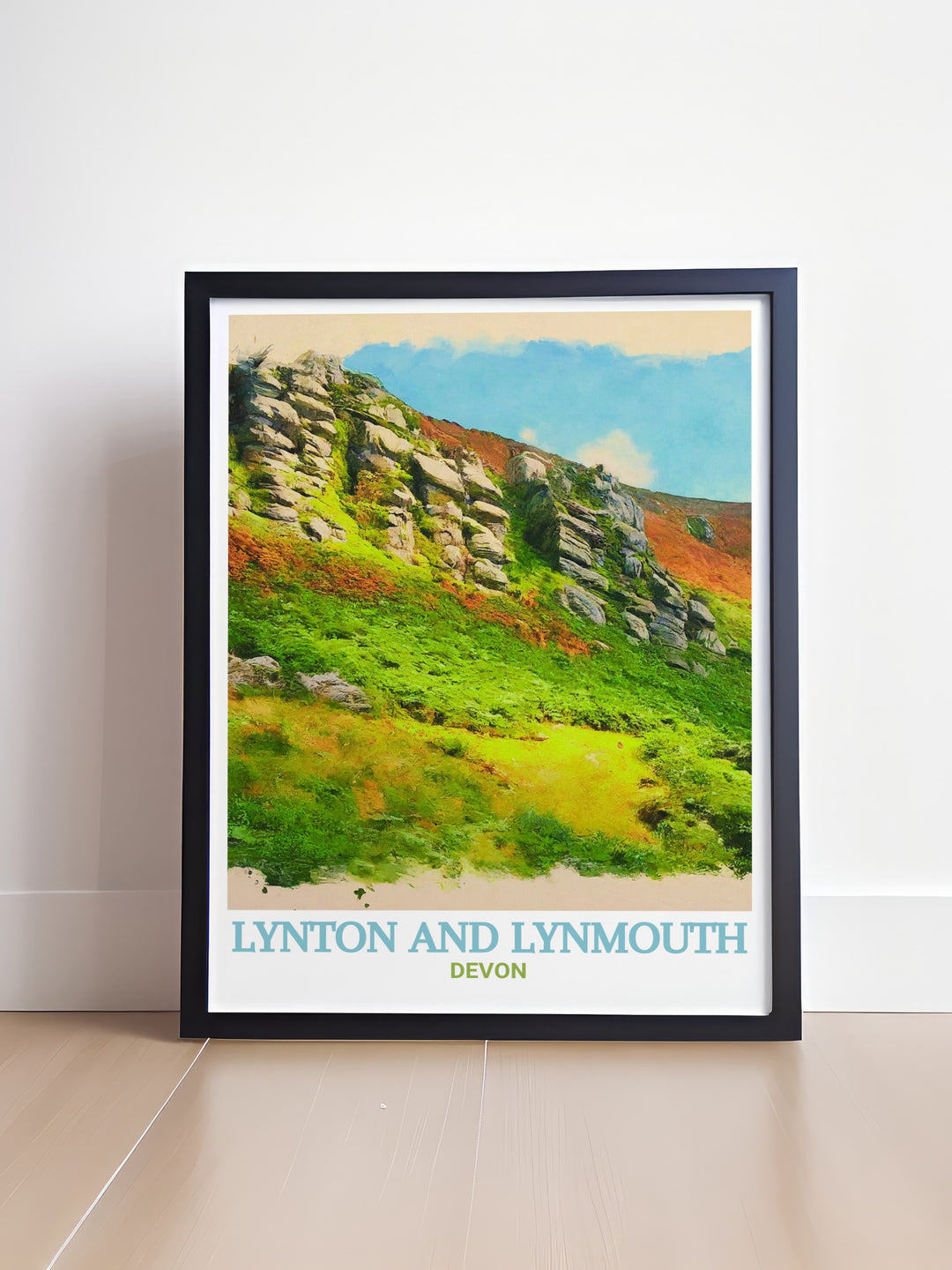 Travel poster of Valley of Rocks, showcasing the breathtaking scenery and rugged beauty of this unique landmark near Lynton And Lynmouth. This print captures the essence of the Valley of Rocks, making it a perfect gift for those who love nature and travel.