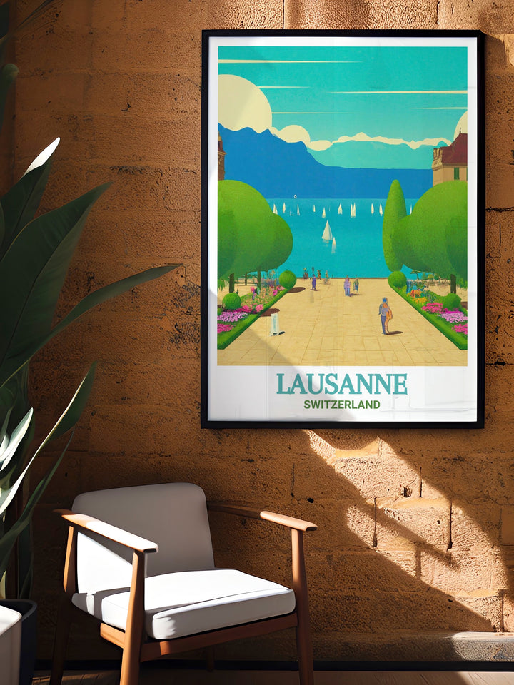 This vintage inspired poster print of Lausannes Ouchy Promenade offers a timeless view of Switzerlands serene landscape, making it a thoughtful and elegant gift for anyone who loves Swiss culture and beauty.