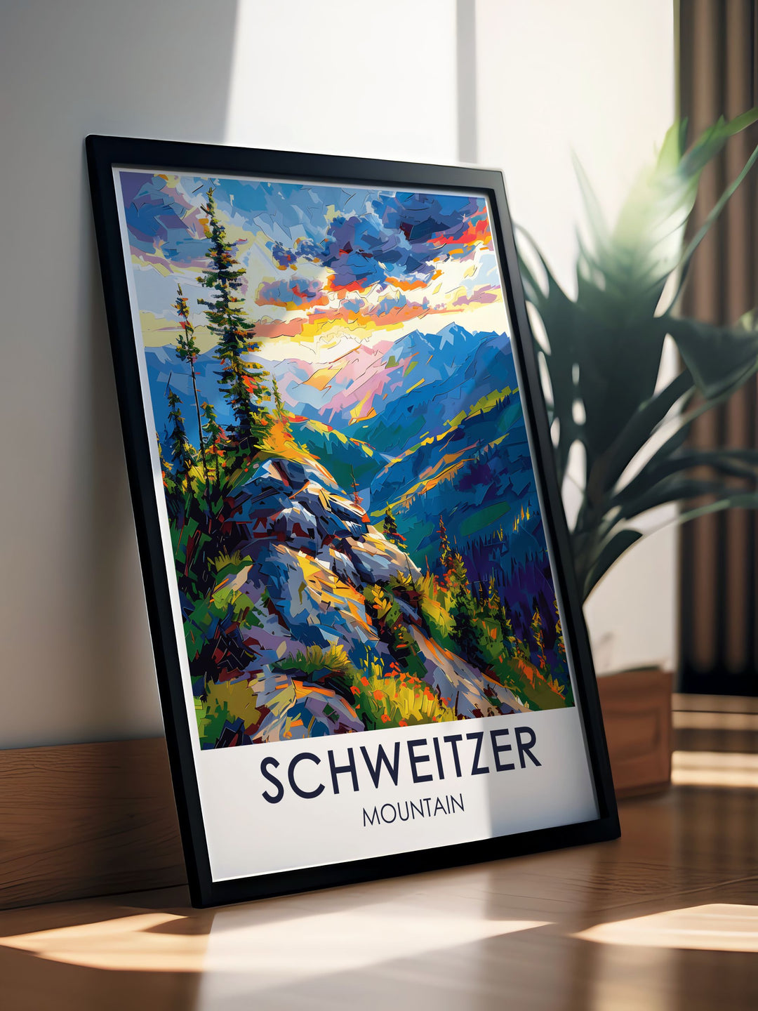 This Schweitzer Village Travel Poster highlights the heart of Idahos winter wonderland, featuring the bustling village and majestic Schweitzer Mountain. Ideal for those who love skiing or exploring mountain towns, this poster brings the energy and adventure of one of Idahos top ski resorts into your home.