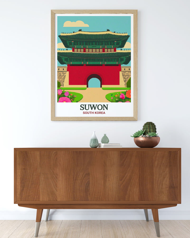 The majestic Paldalmun Gate is depicted in this vibrant travel print, bringing the essence of South Koreas architectural heritage into your living space. The detailed artwork is ideal for lovers of cultural landmarks and global art.