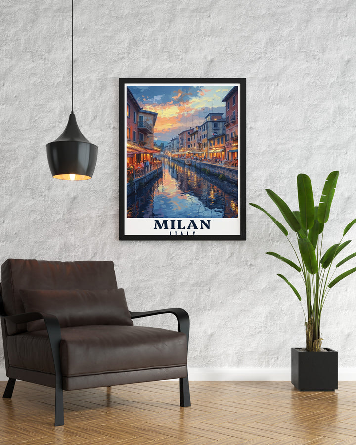 Navigli District Poster Print brings the beauty of Milans most famous canals to life, featuring the iconic architecture and atmosphere of the area. This travel print is perfect for anyone who loves Milan or wants to add a touch of Italian elegance to their space.