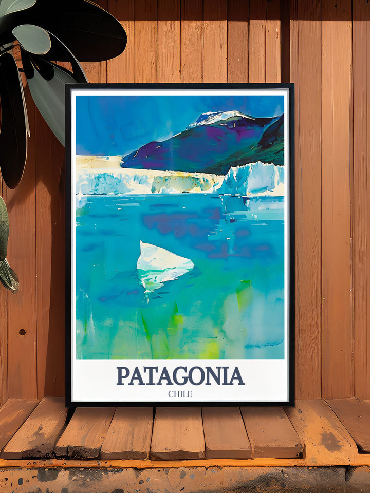 Patagonia Wall Poster showcasing the dramatic Andean mountains and the picturesque Lago Argentino. This travel poster is a stunning visual reminder of the untamed beauty of South America, making it an ideal piece for any nature lovers collection.