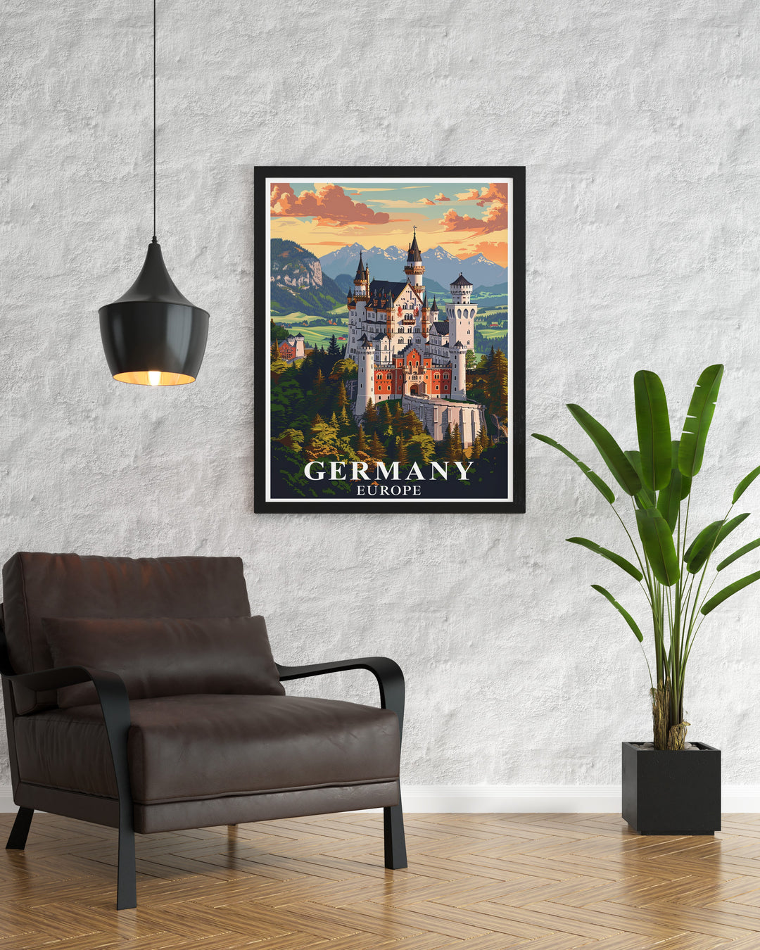 Neuschwanstein Castle, a masterpiece of architecture, paired with the iconic skyline of Berlin creates a unique travel print that will add elegance and history to your home decor.