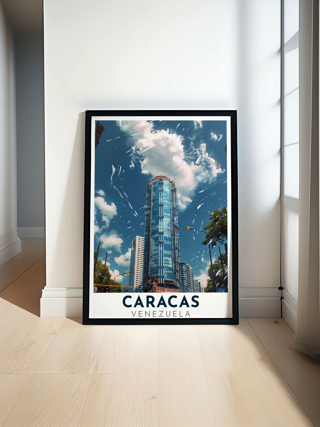 This travel poster captures the vibrant Parque Central Complex and the dynamic cityscape of Caracas, perfect for adding a touch of Venezuelas urban splendor to your home decor.