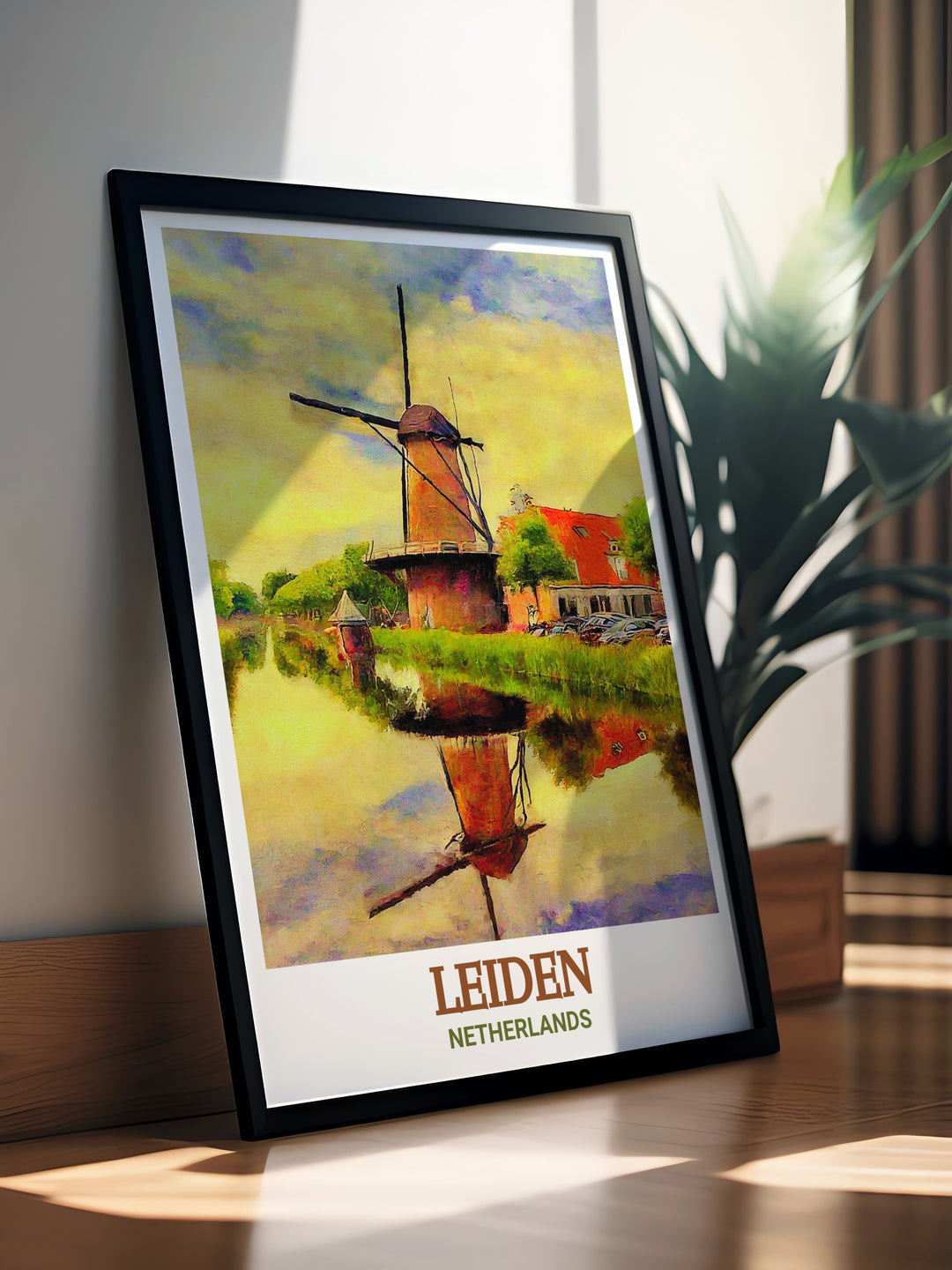 Molen de Valk canvas art featuring the grandeur of this historic Dutch windmill in Leiden. This travel poster captures the timeless beauty and craftsmanship of the Netherlands, making it a stunning addition to any space and a perfect gift for history lovers.