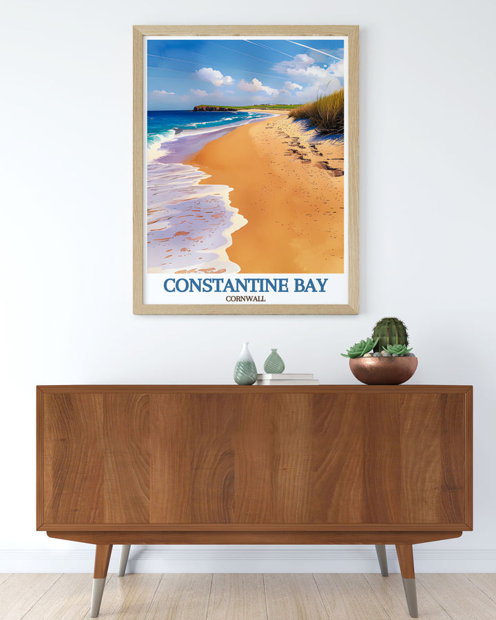 Experience the scenic beauty of Cornwall, England, at Constantine Bay Beach. This beach, with its clear waters and dramatic cliffs, offers stunning views and a peaceful environment, ideal for leisurely walks, picnics, and enjoying the natural landscape.