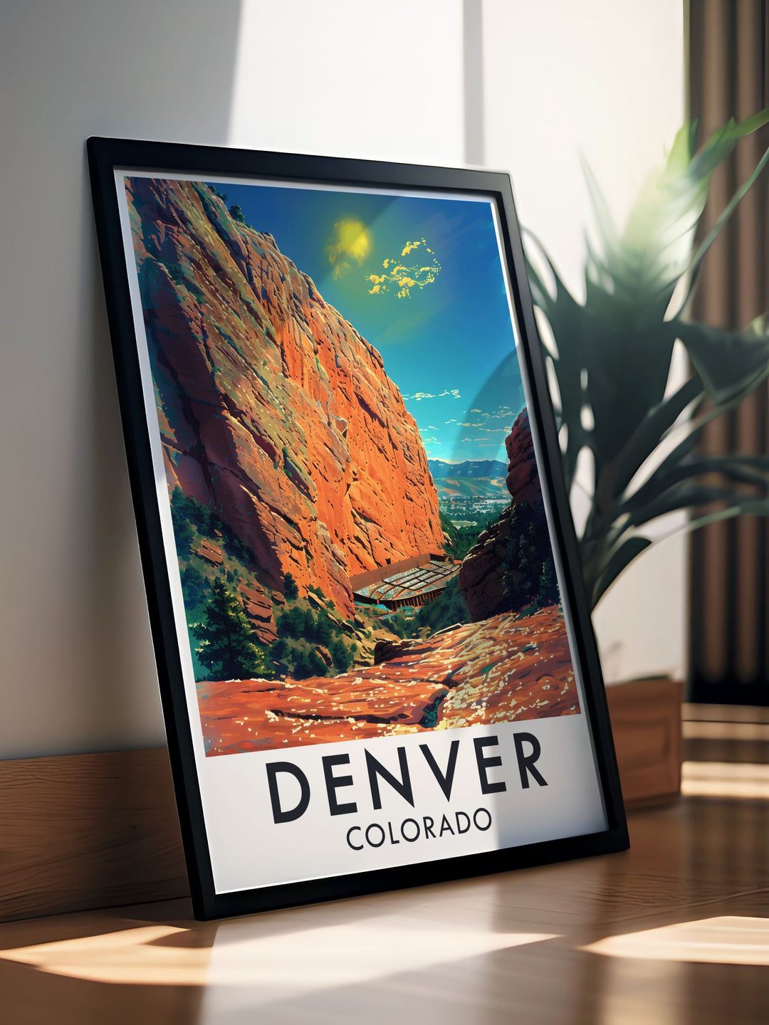 This Denver travel poster highlights the citys vibrant skyline against the majestic Rocky Mountains, perfect for any home decor, capturing the essence of Colorados capital.
