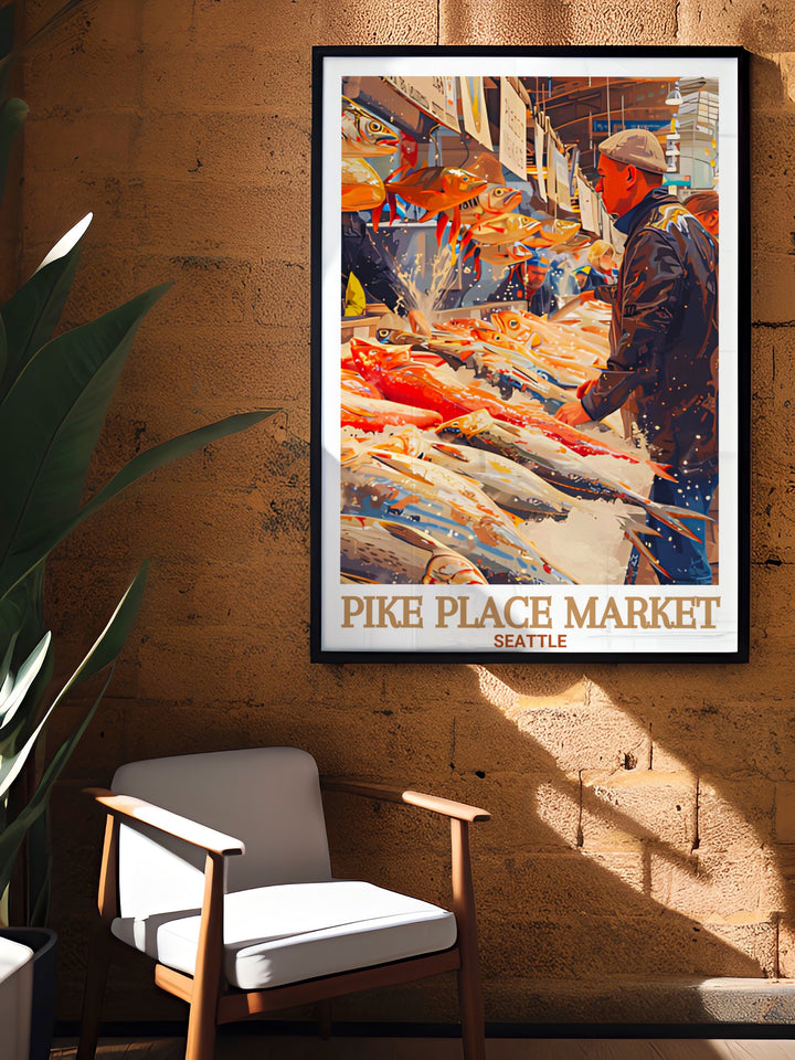Personalized gift idea featuring a digital print of Seattles Pike Place Market and Fish Market perfect for birthdays housewarming gifts or as a travel memento adding a touch of Seattles charm and lively market atmosphere to any space