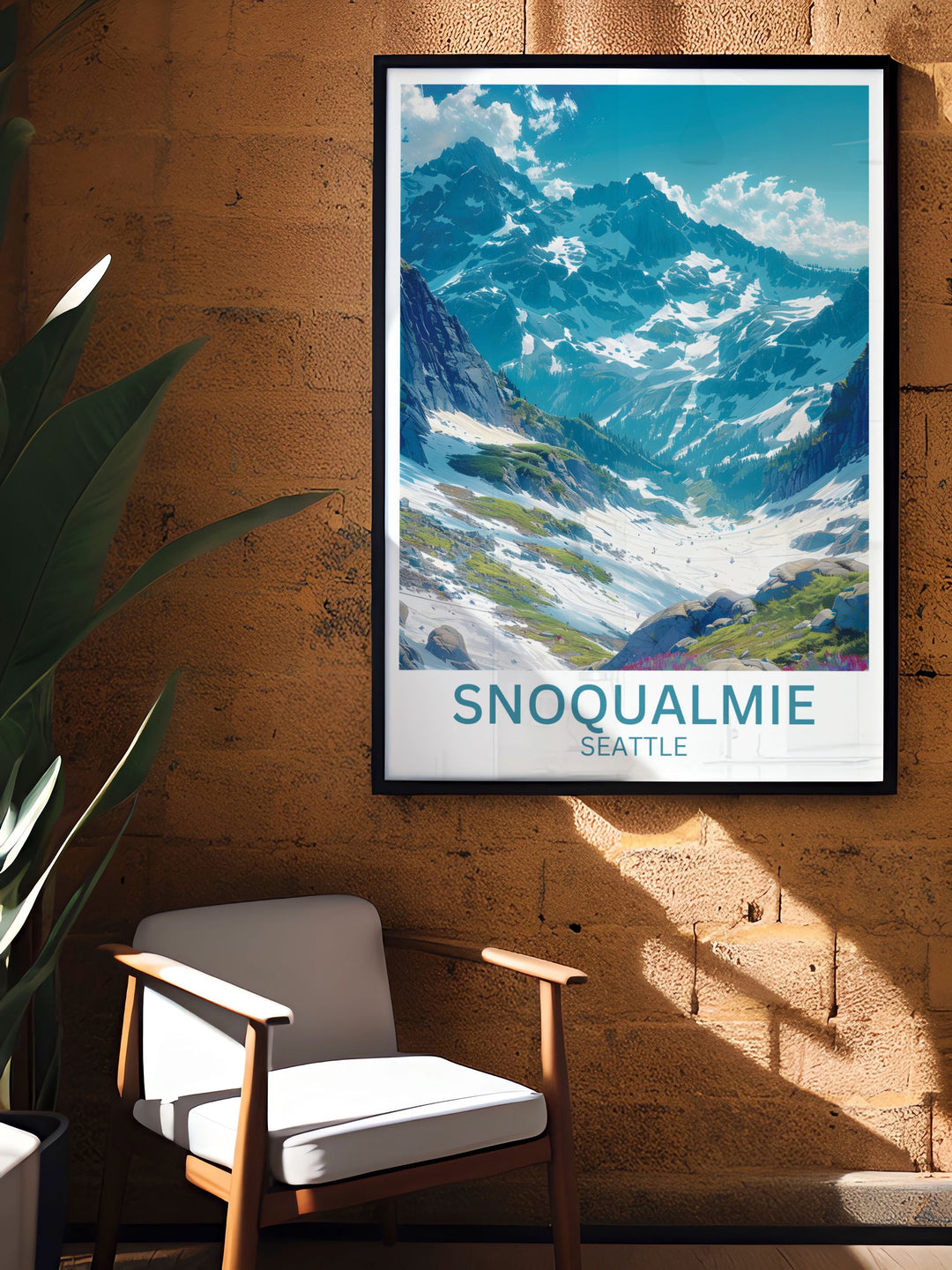 Immerse yourself in the adventurous spirit of Snoqualmie with this travel poster, highlighting the iconic slopes of Alpental and the surrounding alpine beauty.