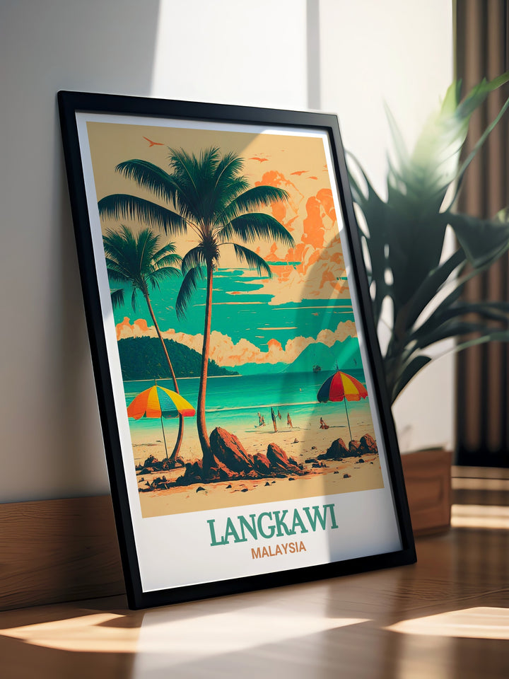 Pantai Cenang travel print showcasing the vivid colors of Langkawis most famous beach, with turquoise waters and golden sand. This Langkawi poster is perfect for bringing the essence of Malaysias tropical paradise into your home, adding a touch of Southeast Asian charm to any space.