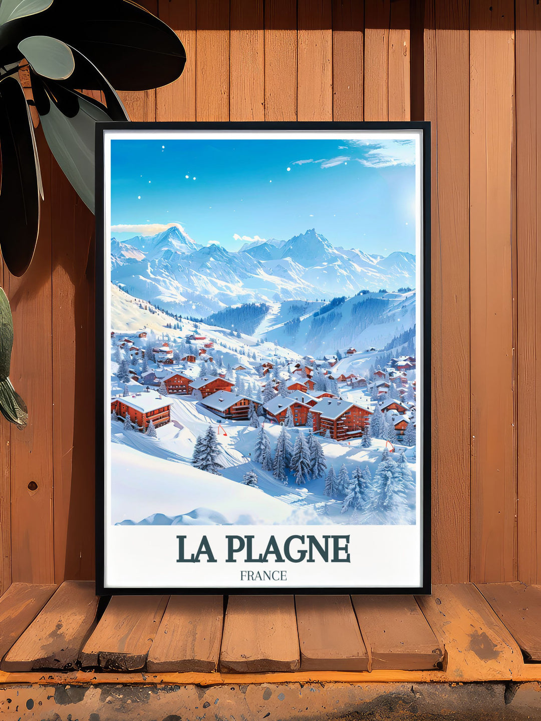 La Plagne Travel Poster with Aime La Plagne Paradiski Ski Area highlights the majestic French Alps. A great gift idea for travelers and skiers this print captures the essence of winter adventures while adding an elegant touch to your home decor.