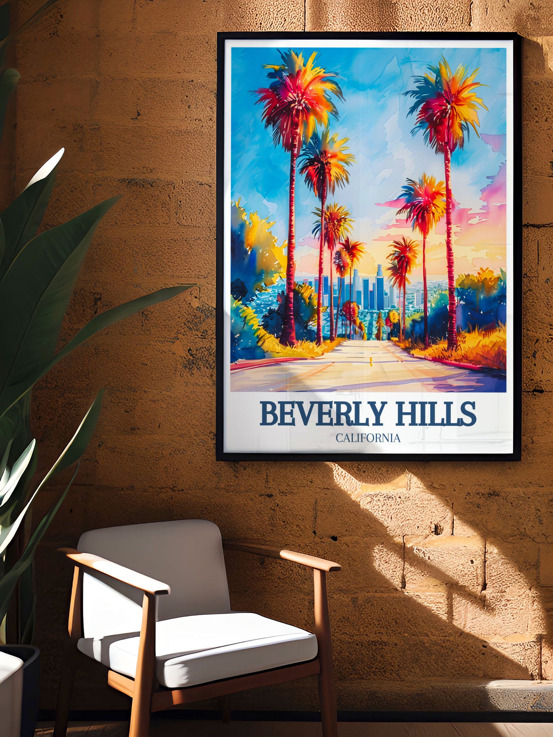 Captivating Beverly Hills travel poster capturing the lively Sunset Boulevard and the picturesque Los Angeles cityscape, perfect for enhancing your home or office with Californias iconic beauty.