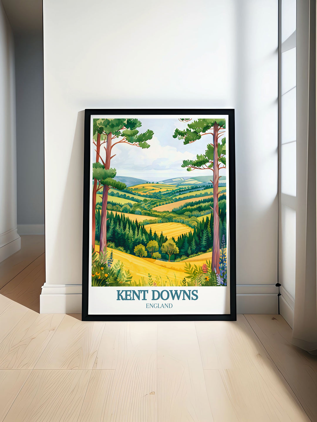 Captivating art print featuring the serene landscapes of Kent Downs Area of Outstanding Natural Beauty AONB perfect for nature enthusiasts and art lovers looking to add a touch of tranquility to their home decor with vibrant colors and detailed imagery.