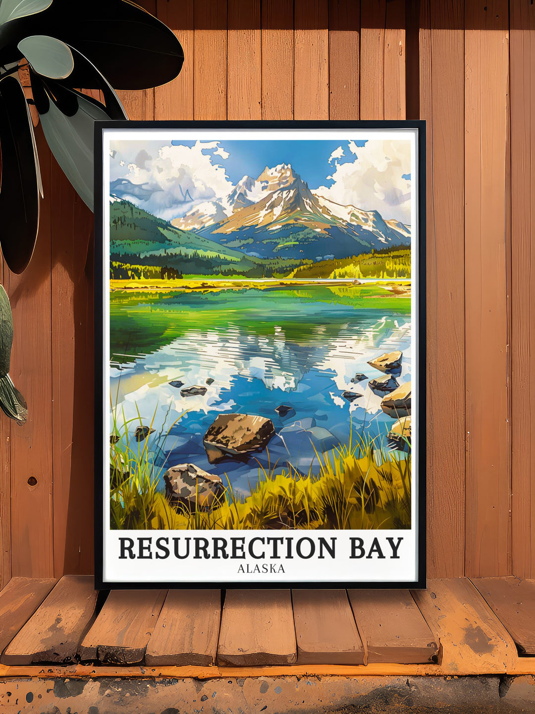 An art print featuring Resurrection Bay and Mount Edgecumbe, showcasing Alaskas breathtaking natural wonders. The serene Aialik Bay is also captured in this travel poster, making it an ideal piece for anyone who loves Alaska.