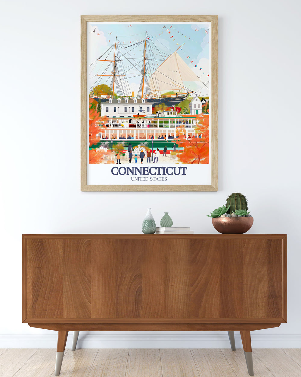 Mystic Seaport New England town artwork and Bridgeport poster bring the coastal charm of Connecticut to your home perfect for modern decor with detailed prints that make ideal anniversary gifts birthday gifts and Christmas gifts.