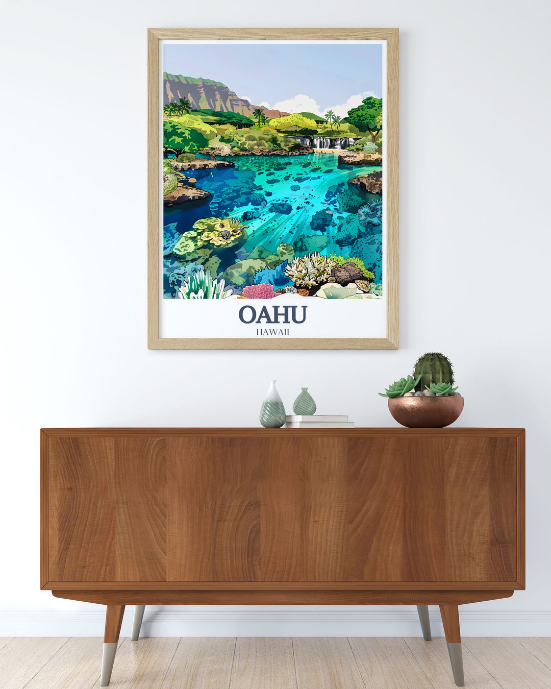 Elevate your home décor with this stunning Oahu wall art, showcasing the natural beauty of Hanauma Bay and Manoa Falls. This travel print is ideal for adding a touch of the tropics to any room.