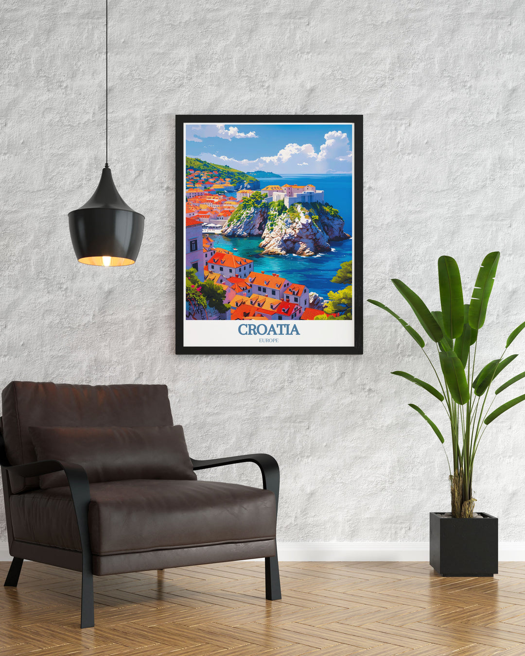 This poster showcases the picturesque streets of Dubrovnik Old Town and the serene waters of the Adriatic Sea, adding a unique touch of Croatias historical and natural beauty to your living space.