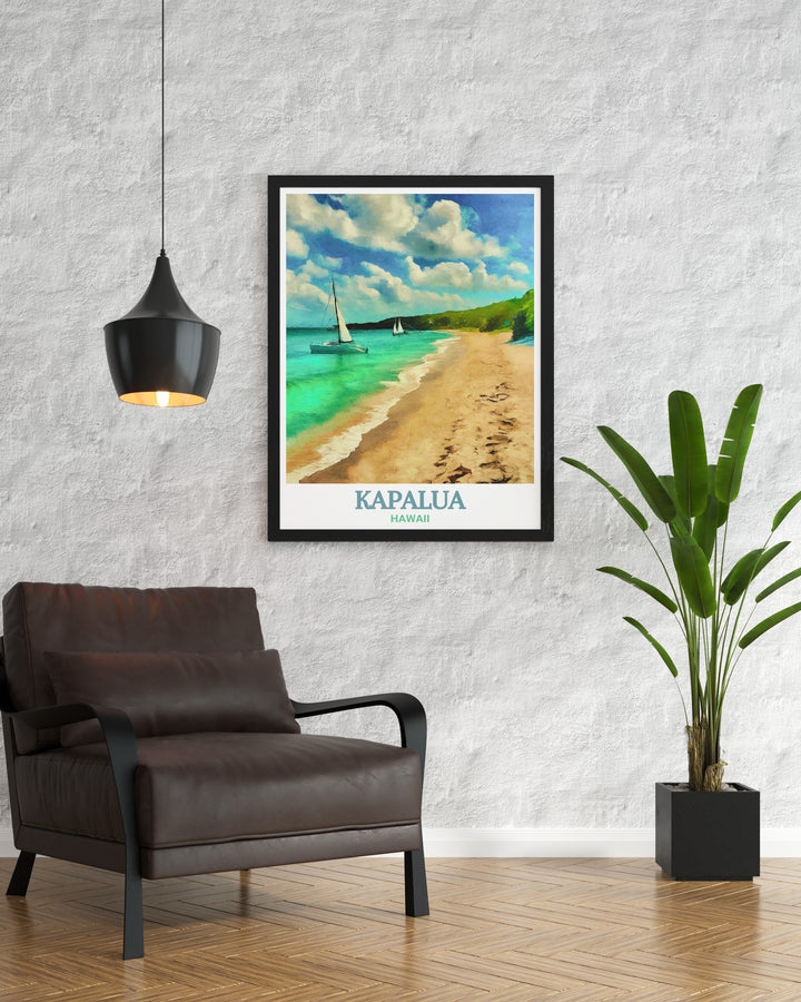 Travel poster print of Kapalua golf Hawaii with a focus on the breathtaking skyline and D.T. Fleming Beach this digital download offers a unique addition to home decor bringing the tropical beauty of Hawaii into any room perfect for elegant home decor or as a stunning living room centerpiece