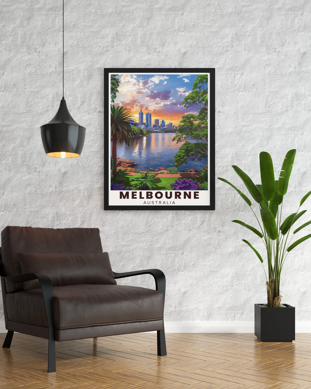 This Melbourne Travel Print captures the serenity of the Royal Botanic Gardens alongside the vibrant cityscape of Melbourne. A perfect addition to any space, this framed artwork brings both urban charm and natural beauty into your home.