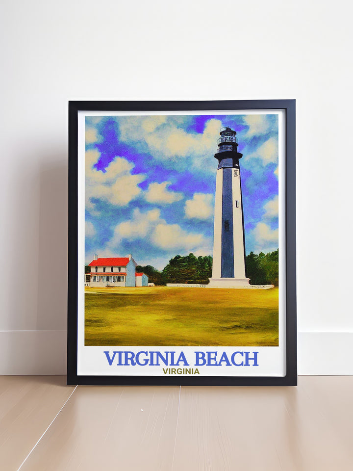 Colorful art print of Virginia Beach with Cape Henry Lighthouse perfect for home decor and gifts capturing the vibrant energy of the city and providing a standout piece for any wall ideal for those who appreciate detailed artwork